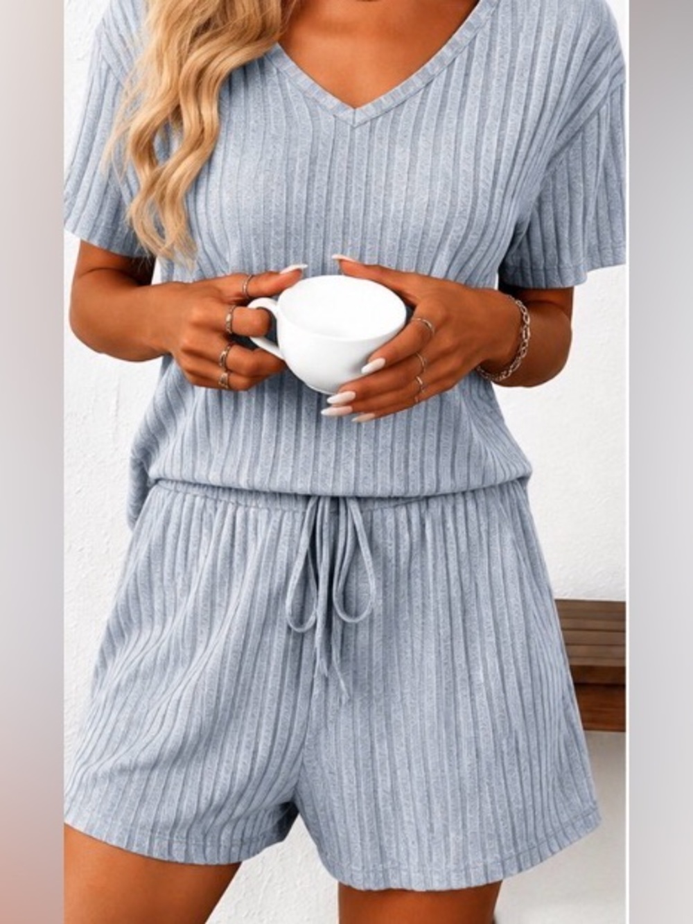 Light Blue Grey Ribbed Short Lounge Set - Women Intimates & Sleepwear